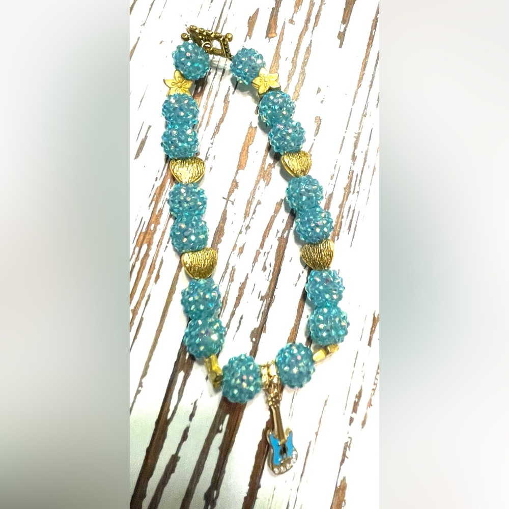 Elegant Turquoise and Gold Pet Beaded Necklace with Guitar Pendant